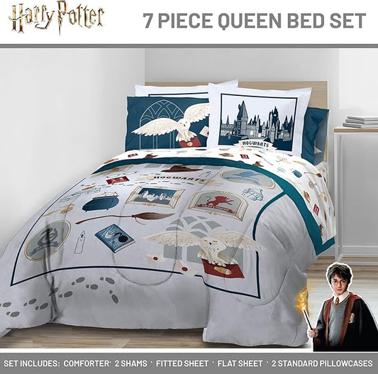 Jay Franco Kids Comforter Set Includes Sheets and Pillow Covers - Soft and Cozy Bed Set for Stylish Room Decor, Dark Grey - Harry Potter, 7 Piece Queen Size Bedding