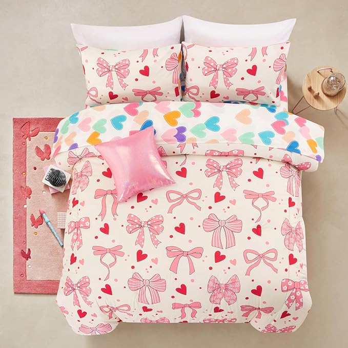 A Nice Night Lightweight Soft 6 Piece Bowknot Comforter Set Queen Size Bed in a Bag,Cartoon Love Hearts &Bow & Polka Dot Design Bedding Set for Girls Kids