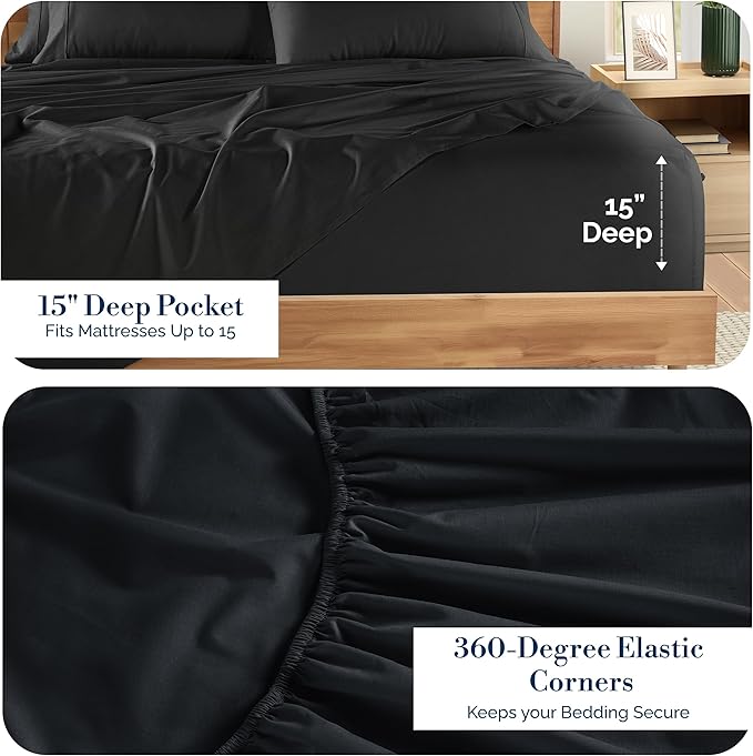 Casa Platino Sheets Split King – 7 Piece Crisp Percale Weave Split King Cooling Sheets with 15" Deep Pockets, Lightweight & Cool for All Sleepers, Soft & Breathable for a Great Nights Sleep – Black