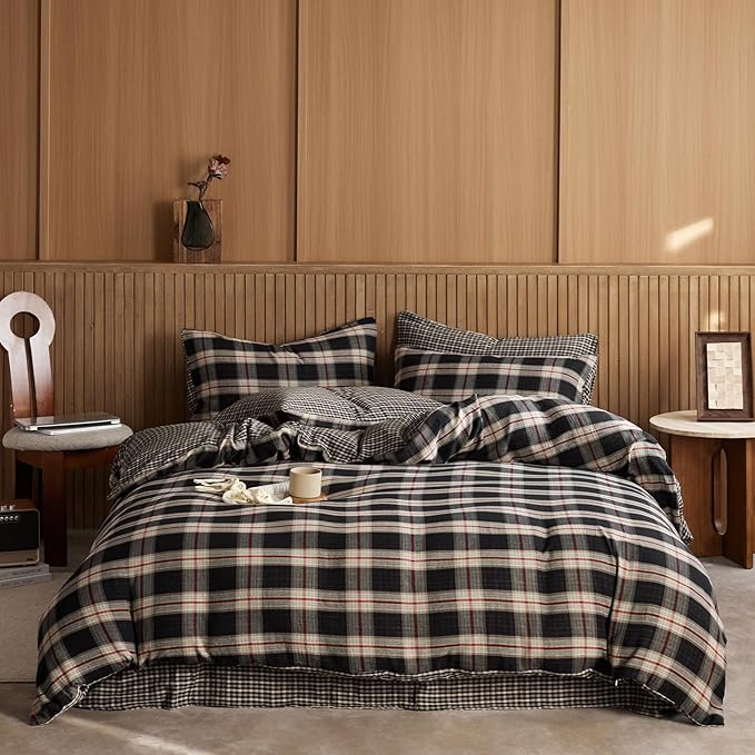 EAVD Vintage Black Gingham Comforter Set Queen Soft 100% Muslin Cotton Red Green Grid Checkered Plaid Bedding Set with 2 Pillowcases Farmhouse Reversible Black Plaid Comforter Set for All-Season