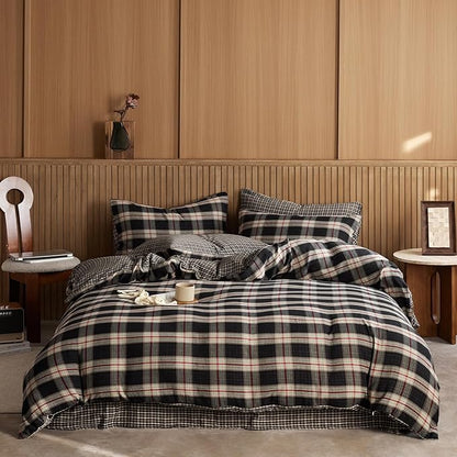 EAVD Vintage Black Gingham Comforter Set Queen Soft 100% Muslin Cotton Red Green Grid Checkered Plaid Bedding Set with 2 Pillowcases Farmhouse Reversible Black Plaid Comforter Set for All-Season