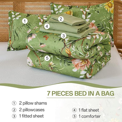 Yiran Sage Green Hibiscus Floral Comforter Set King Size, 7 Piece Bird Flowers Botanical Comforter Bedding Set, Vintage Bed in a Bag, Soft Microfiber Complete Bedding Set with Sheets for All Season