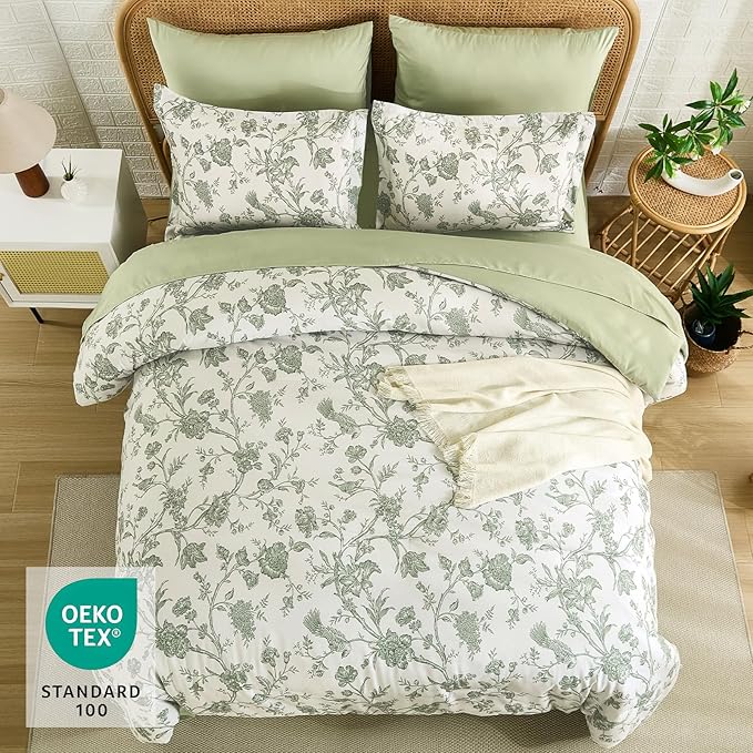 Luxudecor Floral King Comforter Set 7 Pieces Bed in a Bag, Sage Green Flower with Bird Bedding Set, Soft Reversible Comforter with Sheet Set 104"x90"
