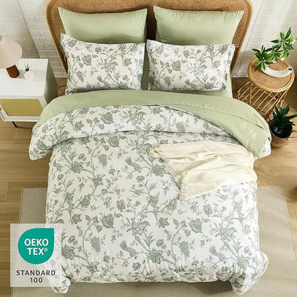 Luxudecor Floral King Comforter Set 7 Pieces Bed in a Bag, Sage Green Flower with Bird Bedding Set, Soft Reversible Comforter with Sheet Set 104"x90"