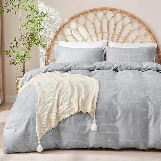 JELLYMONI 100% Natural Cotton 2pcs Plaid Duvet Cover Sets, Checkered Twin Comforter Cover, 1 Duvet Cover and 1 Pillow Case with Zipper Closure & Corner Ties, Light Grey