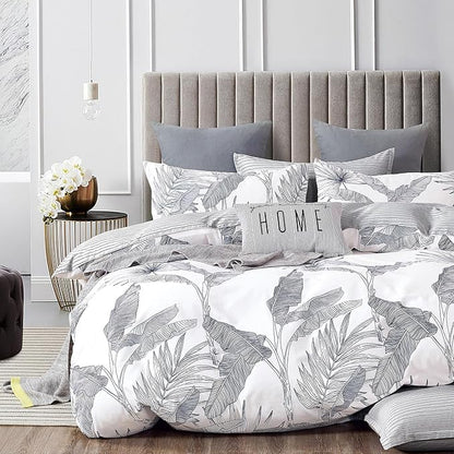 Botanical Cotton Comforter King Size - White Comforter with Delicate Black Leaves Patterns,Grey Reversible Lightweight Bedding Sets 3Pcs(Stripes)