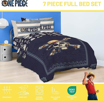 Jay Franco One Piece Full Size Comforter Set - 7 Piece Blue Bedding Includes Sheet Set & Pillow Covers - Super Soft Anime Bedding with Skull and Bones