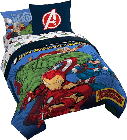 Jay Franco Kids Comforter Set Includes Sheets and Pillow Covers - Soft and Cozy Bed Set for Stylish Room Decor, Official Licensed Bedding, Blue - Avengers, 7 Piece Queen