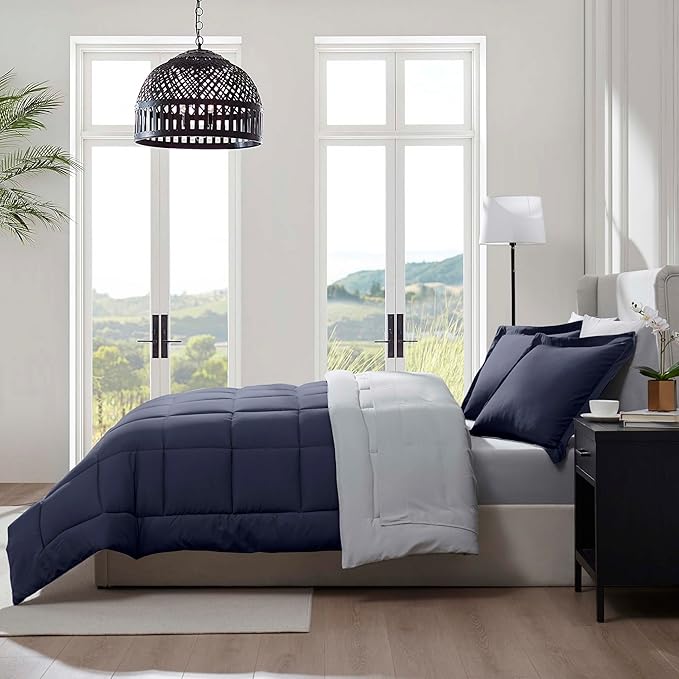 Nestl 7 Piece California King Comforter Set – Navy Reversible Bed in a Bag – Complete Cal King Size Bedding Set with Sheets, Pillowcases and Shams