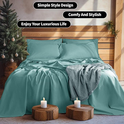 LBRO2M 100% Pure Linen Sheet Set Deep Pocket Up to 16" Bed Sheets Sets, Natural Flax Beddings Soft, Breathable, Comfortable for All Seasons 6 Pcs Sheet Set Cal King Size, Aqua