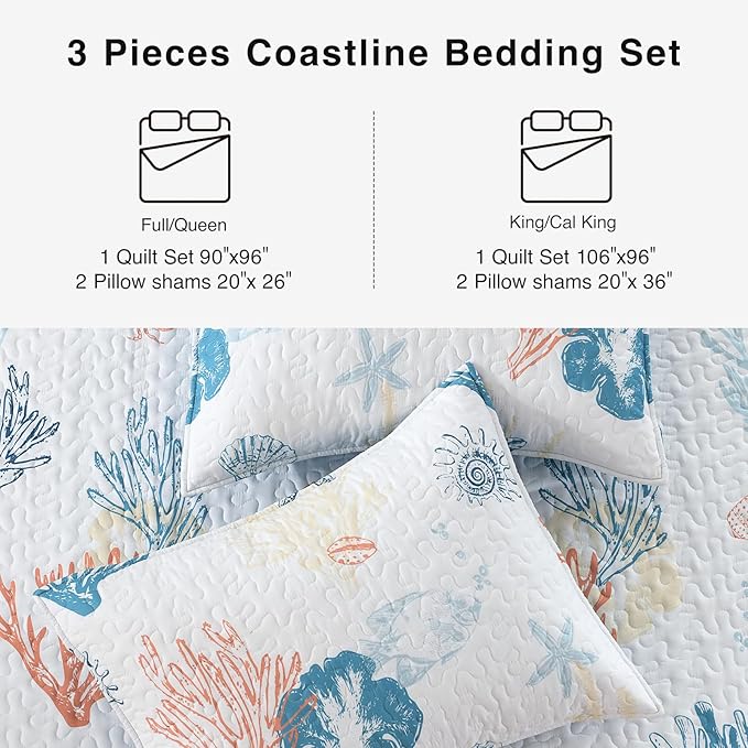 HORIMOTE HOME Coastal Quilt Bedding Set King Size, Reversible Summer Beach Quilt Lightweight Ocean Nautical Comforter Tropical Bedspread Coverlet with 2 Pillow Shams for All Seasons (106"x96")