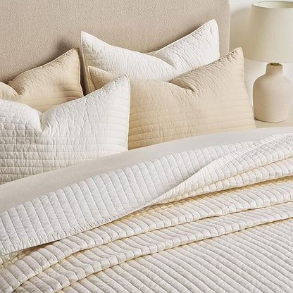 EVERGRACEHOME Cotton Sateen Quilt Set King Size, Pre-Washed Cotton Channel Stitch Coverlet Bedspread, 3 Pieces Lightweight Soft Bedding Sets for All Season, with 2 Pillow Shams, Cream