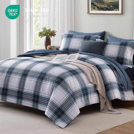 MaiRêve Queen Size Plaid Comforter Set Blue White, Classic 7 Pieces Farmhouse Bedding Set, All Season Lightweight Bed in A Bag with Sheets, Pillowcases & Shams