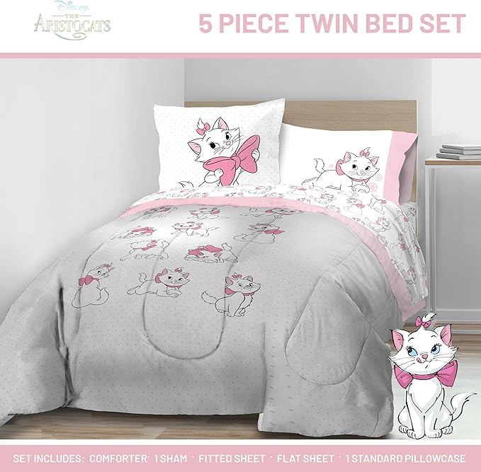Jay Franco Kids Comforter Set Includes Sheets and Pillow Covers - Soft and Cozy Bed Set for Stylish Room Decor, White - Aristocats, 5 Piece Twin Size Bedding