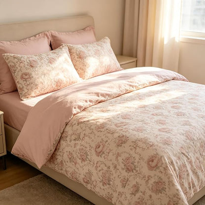 Coquette Cottagecore Comforter Set King Size, 3Pcs Shabby Chic Flower Bedding for Women Teen Girls, French Country Style Quilted Comforter with 2 Pillowcases, 90"x90"