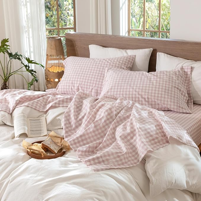 MooMee Gingham Sheet Set 100% Washed Cotton Linen Like Textured Breathable Soft w/Fully Elasticized 16-19" Deep Pocket (Classic Gingham Greyish Pink, King)