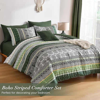 Cottolester Boho Comforter Set Queen Size,8 Pieces Dark Green Bohemian Striped Bed in a Bag,Paisley Soft Microfiber Bedding Comforter Set