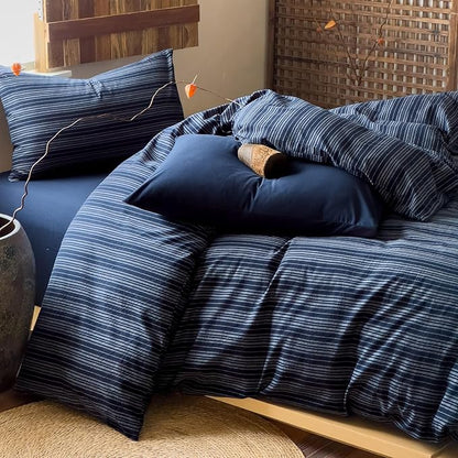 EAVD Retro Striped Duvet Cover Queen Navy Blue Soft 100% Washed Cotton Reversible Stripes Pattern Bedding Set with 2 Pillowcases Farmhouse Geometric Pattern Duvet Cover with Zipper Closure