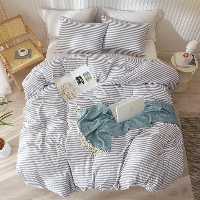 mixinni Striped Comforter Set Queen Size - Grey White Stripes Pattern Bed Set for Women and Men, 3 Pieces Lightweight Bedding Comforter Sets for All Seasons (1 Soft Fluffy Comforter + 2 Pillowcases)