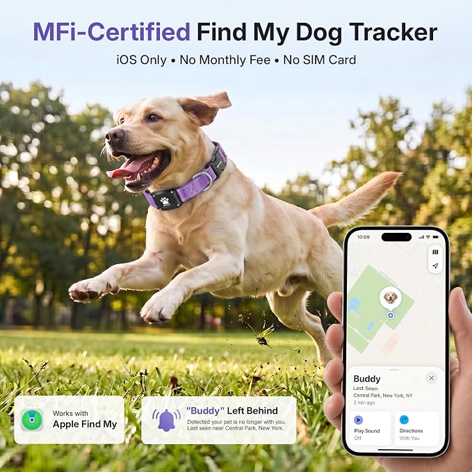 GPS Dog Collar Tracker 2-in-1,Reflective Waterproof Pet Collar,iOS-Only,No Monthly Fees,Unlimited Range,Dog Tracking Collar Pet Tracker,for Small Medium Large Dogs(S (12.5"-16"), Purple)