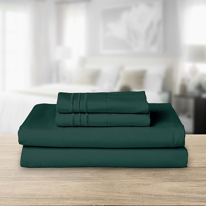 Elegant Comfort Luxurious 1500 Premium Hotel Quality Microfiber Three Line Embroidered Softest 4-Piece Bed Sheet Set, Wrinkle and Fade Resistant, Twin/Twin XL, Hunter Green
