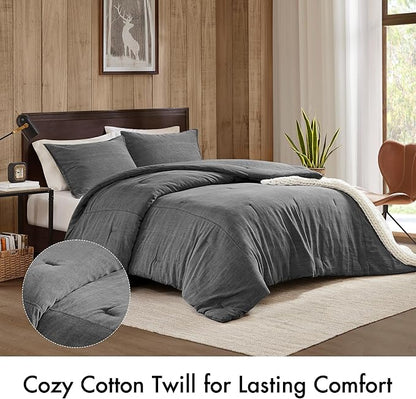 Woolrich Twin Comforter Set Cotton Stone Washed, Oversized Comforters Twin Size Bed, All Season Down Alternative Overfilled Twin Size Comforter, McKenzie, Twin/Twin XL Grey 2 Piece