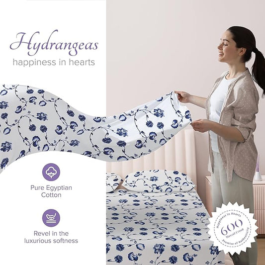 Carressa Linen Luxury Egyptian Cotton California King Printed Sheet Set - 600 Thread Count Extra Long Staple 4 PC Set, Floral Blue Cal King Printed Sheets, Soft, Cooling Sheets Upto 18 in Deep Pocket