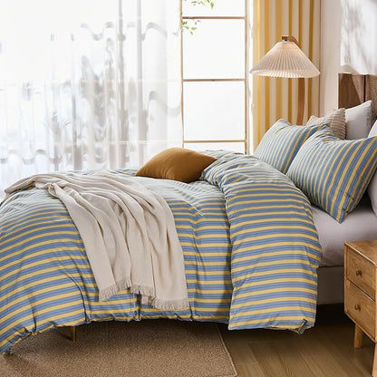 Merryword 100% Cotton Duvet Cover Set Queen Size, Blue & Yellow Striped Bedding Set with Zipper Closure and 8 Corner Ties, Modern Coastal Style Comforter Cover Set 3 Pieces