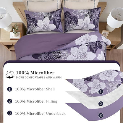 Menghomeus Queen Comforter Set Dark Purple Floral Bedding Comforter Sets - Soft Microfiber Bed Comforter Set for All Season, 3 Piece Botanical Flowers Comforter, Pillowcases