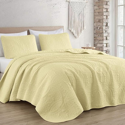 Chezmoi Collection Austin King Oversized Bedspread Set, 3-Piece Pinsonic Quilted Lightweight Microfiber Bedspread Coverlet, Pastel Yellow | Oversized, Lightweight, Fade Resistant