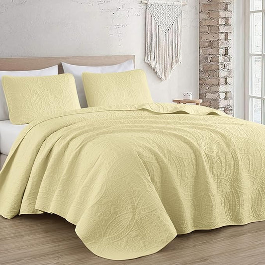 Chezmoi Collection Austin Queen Oversized Bedspread Set, 3-Piece Pinsonic Quilted Lightweight Microfiber Bedspread Coverlet, Pastel Yellow | Oversized, Lightweight, Fade Resistant