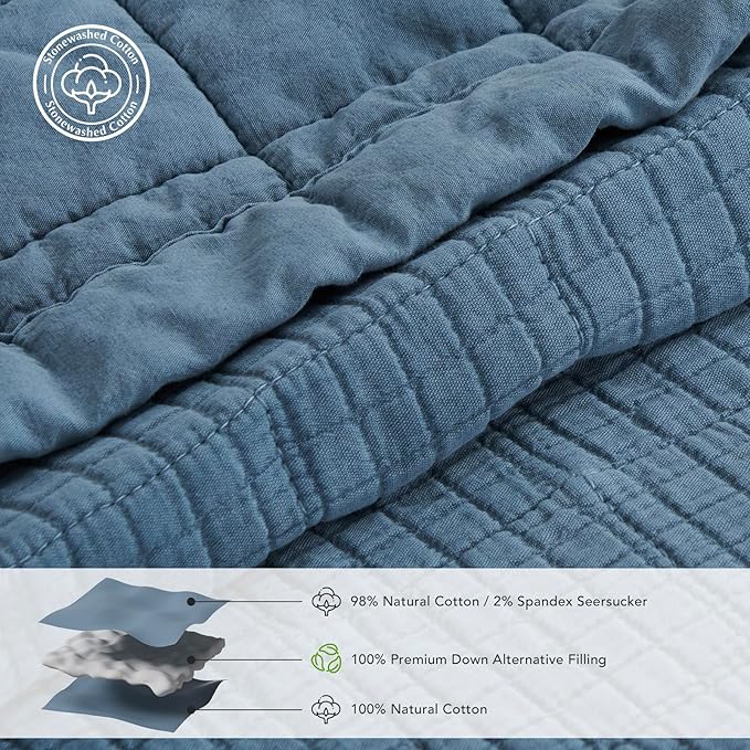 EVERGRACEHOME Stonewashed Cotton Quilt Set King Size, Ultra Soft Oversized Bedspread Coverlet Set, Lightweight Crinkle Box Stitch Bedding Sets for All Season, with 2 Shams, Sonoma Blue