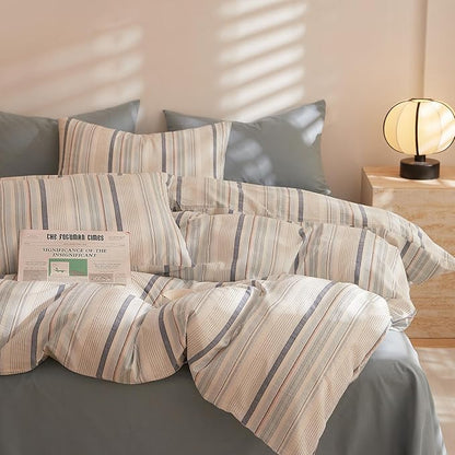 EAVD Striped Comforter Set King Multi-Color Striped Bedding Comforter Set 3 Pieces Farmhouse Geometric Bedding Set with 2 Pillowcases for All-Season Soft Fluffy Lightweight
