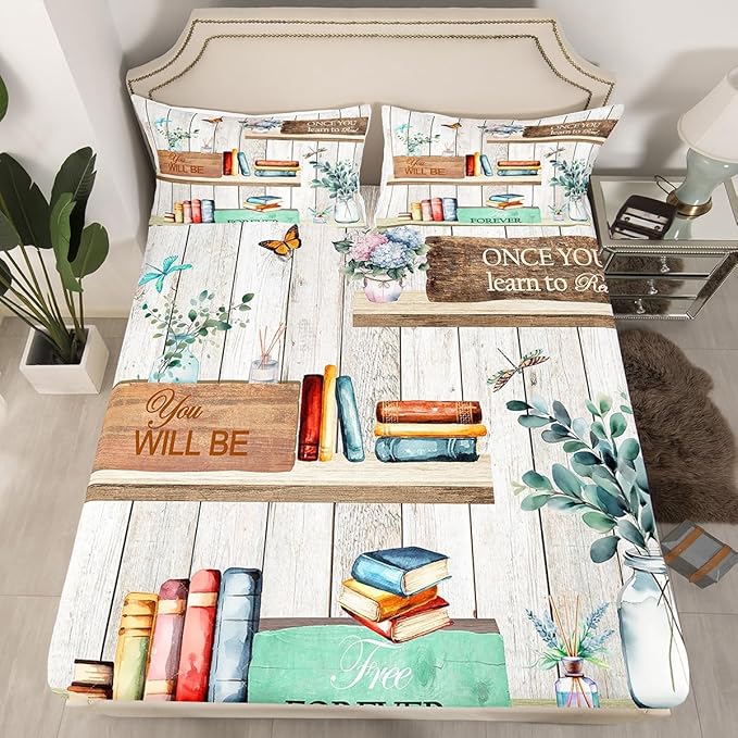 Watercolor Books Bed Sheets Set Reading Time Girls Women Fitted Sheet Rustic Farmhouse Style Bedding Set for Bedroom Decor Floral Leaves Sheets (Full Flat Sheet & Fitted Sheet with 2 Pillow Case)
