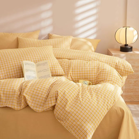 EAVD Vintage Style Yellow Plaid Comforter Set King Soft 100% Washed Cotton Modern Grid Checkered Plaid Bedding Set with 2 Pillowcases Farmhouse Gingham Comforter Set for All-Season