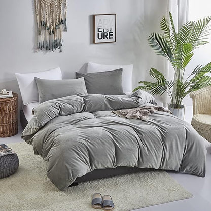Cottonight Grey Velvet Comforter Set King Plush Fluffy Gray Bedding Set Winter Warm Cozy Super Soft Heavyweight Flannel Comforter Set with 2 Pillowcases Soft Comfy for Women Men Adults