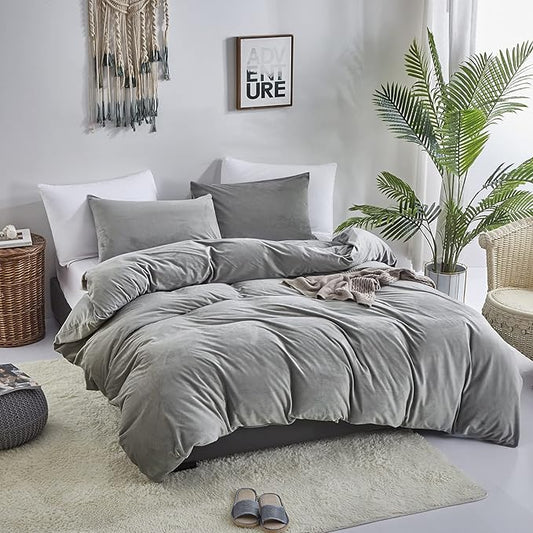 Luxlovery Grey Velvet Comforter Set Queen Men Women Plush Fluffy Dark Grey Bedding Comforter Set Flannel Heavyweight Winter Thick Warm Comforter Set