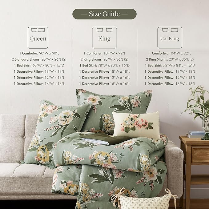 Madison Park Vintage Floral Reversible Comforters King Size Bed, All Season, Down Alternative Bedding Comforter, Bedskirt, Pillows, Shams, Salara, Queen Green 7 Piece | Reversible