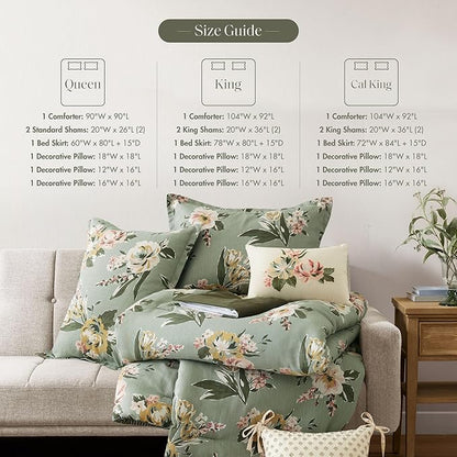 Madison Park Vintage Floral Reversible Comforters King Size Bed, All Season, Down Alternative Bedding Comforter, Bedskirt, Pillows, Shams, Salara, Queen Green 7 Piece | Reversible