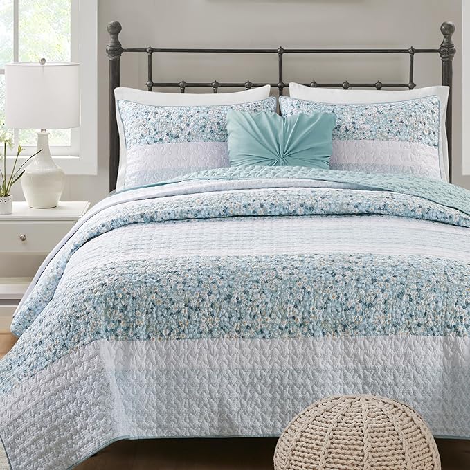 Madison Park Queen Quilt Set, Seersucker Floral Coverlet, All Season Lightweight Microfiber Bedding Quilt Set, Vermicelli Quilting Design, Throw Pillow, Caralie, Full/Queen Aqua 4 Piece