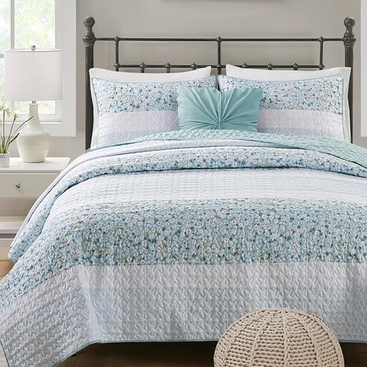 Madison Park Queen Quilt Set, Seersucker Floral Coverlet, All Season Lightweight Microfiber Bedding Quilt Set, Vermicelli Quilting Design, Throw Pillow, Caralie, Full/Queen Aqua 4 Piece