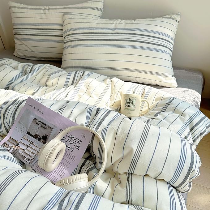 EAVD Vintage Blue Grey and White Striped Duvet Cover Queen Soft 100% Cotton Chic Stripes Bedding Set with 2 Pillowcases Retro Geometric Duvet Cover with Zipper Closure Corner Ties