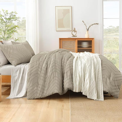 Litanika Comforter Oversized King Size Set Oatmeal, 3 Pieces Chevron Tufted Solid Bedding Comforter Sets, Fluffy Bed Set