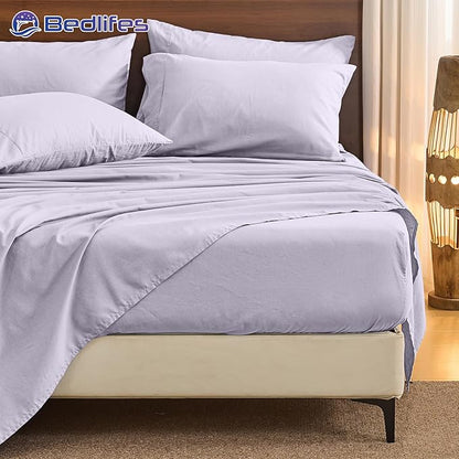 Bedlifes 100% French Pure Linen Sheets Queen Size Breathable and Cooling Flax Sheet Set Soft Durable and Moisture Wicking 16 Inch Deep Pocket-4 Piece(Queen,Lavender)