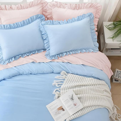 Litanika Light Blue Full Size Comforter Sets, 3 Pieces Ruffle Farmhouse Aesthetic Bedding Comforter Sets, All Season Soft Lightweight Fluffy Microfiber Bed Set(79x90In Comforter, 2 Pillowcases)