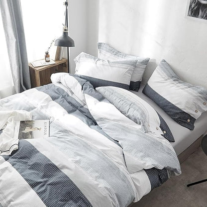 LifeTB Striped Comforter Set Queen Size, Blue Grey Stripes Pattern Printed Bedding Set, 3 Pieces Lightweight Bedding Comforter Set, Stripe Soft Fluffy Bed Set Queen Comforter with 2 Pillowcases
