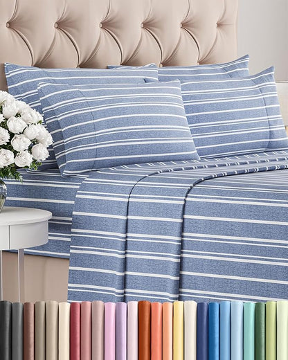 Cal King 6 Piece Sheet Set - Comfy Breathable & Cooling - Soft Hotel Luxury Bedding Set w/ 8-16 Inch Deep Pockets - 1 Flat & 1 Fitted Sheet & 4 Pillowcases - Wrinkle Free & Easy Care - Blue Stripes 3