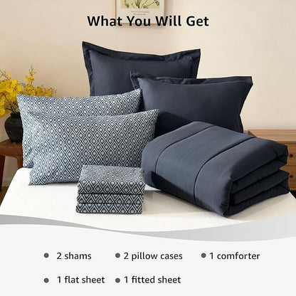 Monbix Full Size Comforter Set - 7 Pieces Bed in a Bag Full, Blue Grey Track Stitching Bedding Sets with Comforter, All Seasons Comforter Bed Set with Sheets, Pillowcases & Shams