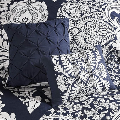 Madison Park Vienna Sateen Cotton Comforter Set, Breathable, Soft Cover, Trendy, All Season Down Alternative Cozy Bedding with Matching Shams, California King, Indigo 7 Piece