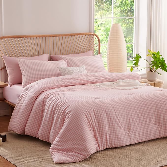 Nayoroom Gingham Comforter Set Full Size Pink Plaid Checkered Dorm Bedding Set Girls 3 Pieces Soft Lightweight Farmhouse Grid Comforter for All Seasons (1 Comforter, 2 Pillowcases)
